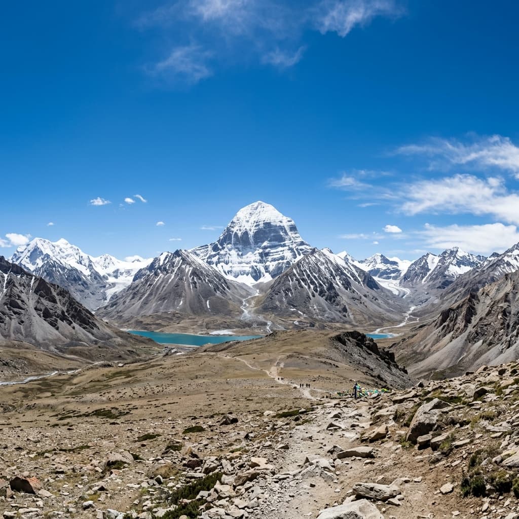 Panoramic wide shot of the snow-clad Mount Kailash peak under blue sky