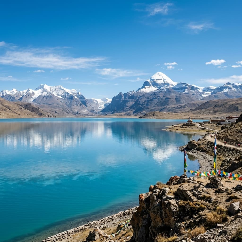Lake Mansarovar blue waters mirroring sky