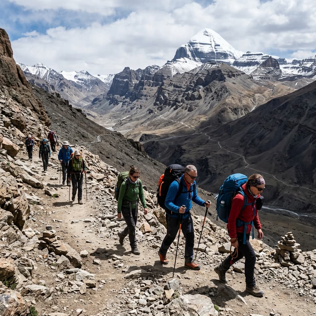 Pilgrims walking along the rocky parikrama trail