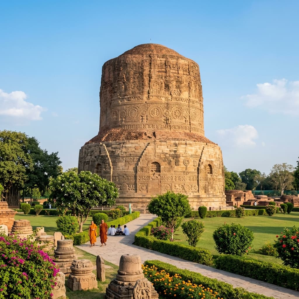 Dhamek Stupa at Sarnath standing tall in green gardens